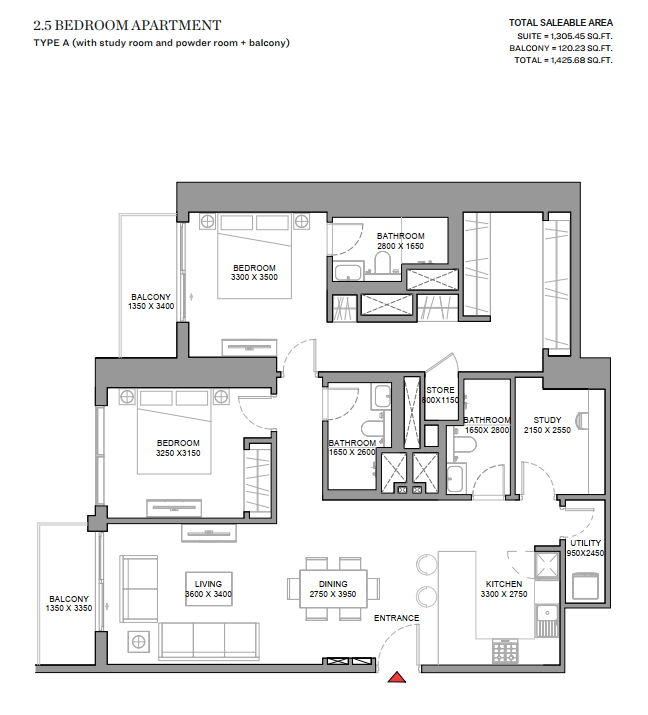 2 Bedrooms + Study